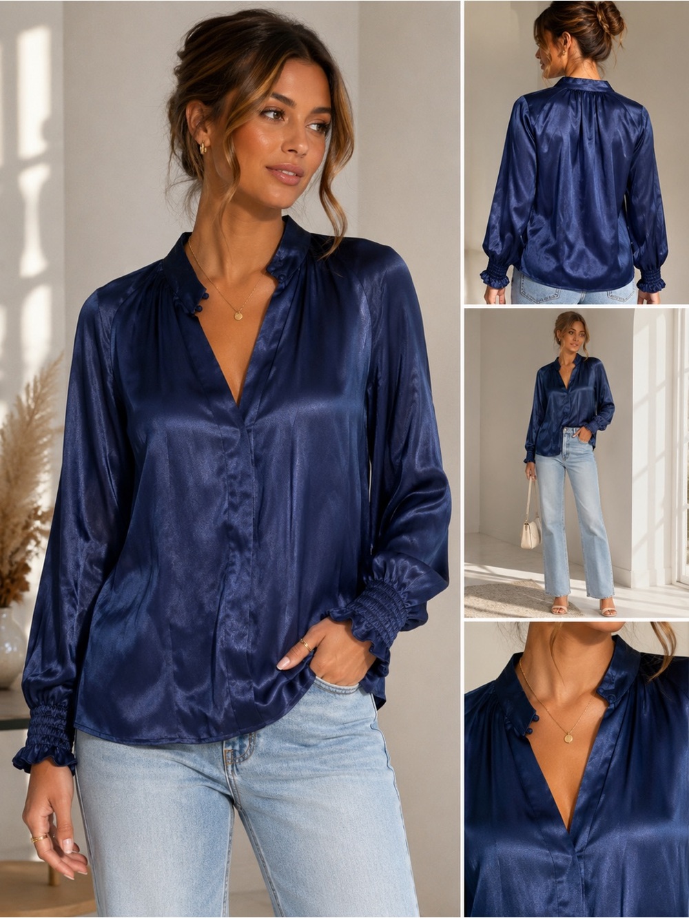 NWT FRNCH Paris Navy Satin V-Neck Blouse Size Small